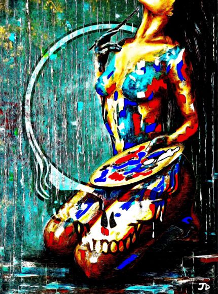 Abstract painting of a woman with a skull.