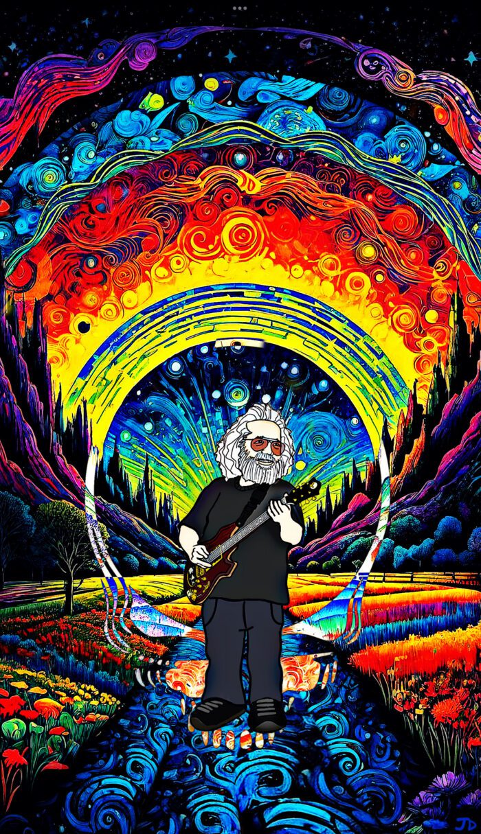 A painting of a man holding a guitar in front of a colorful background.