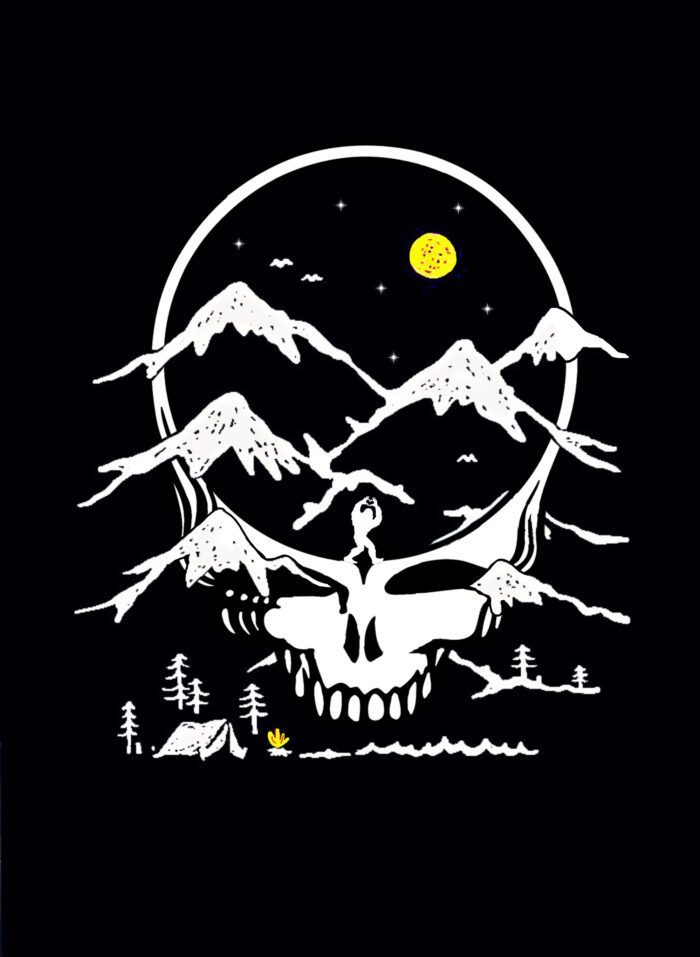 Mountain landscape with a skull and moon.