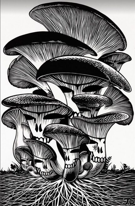 Black and white illustration of mushrooms.