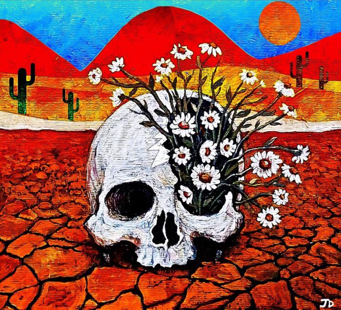 Skull with daisies in desert landscape.