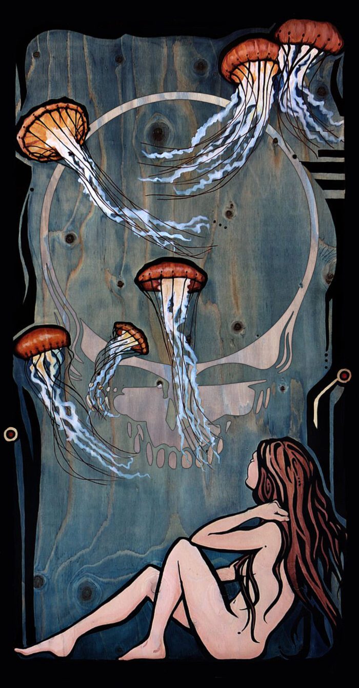 Woman with jellyfish and skull art.