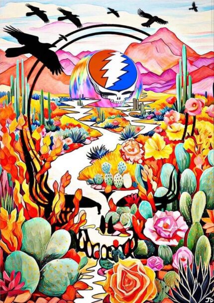 Grateful Dead skull in desert landscape.