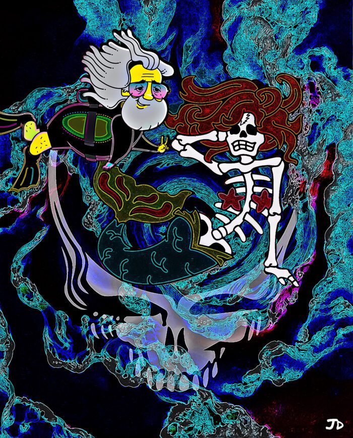 Jerry Garcia and a skeleton in neon.