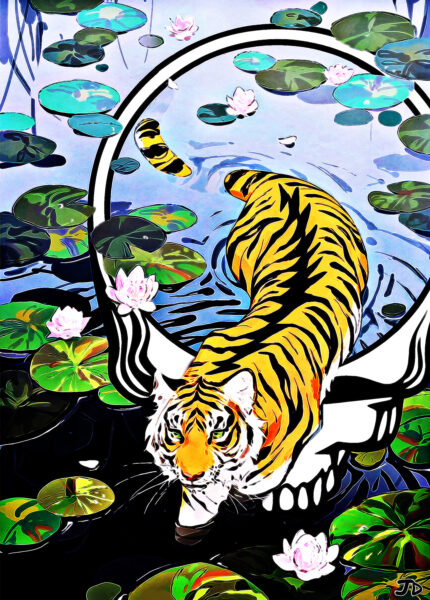 Tiger swimming through lily pads.