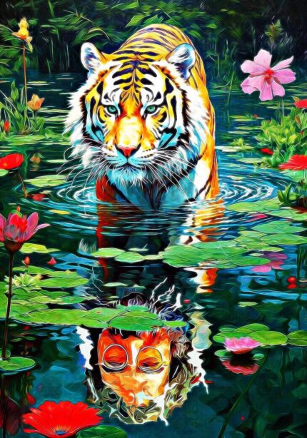 Tiger in water with lily pads.