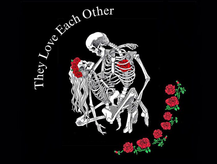 Skeletal couple with roses, "They Love Each Other"