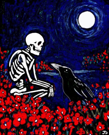 Skeleton and crow under full moon.