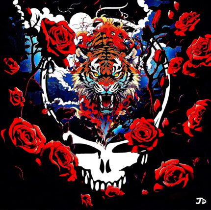 Tiger skull surrounded by roses.