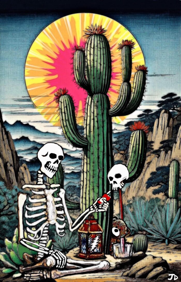 Skeleton sitting by cacti under a sun.