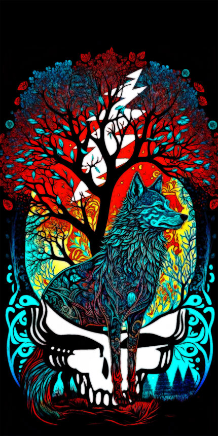 Colorful wolf under tree with skull