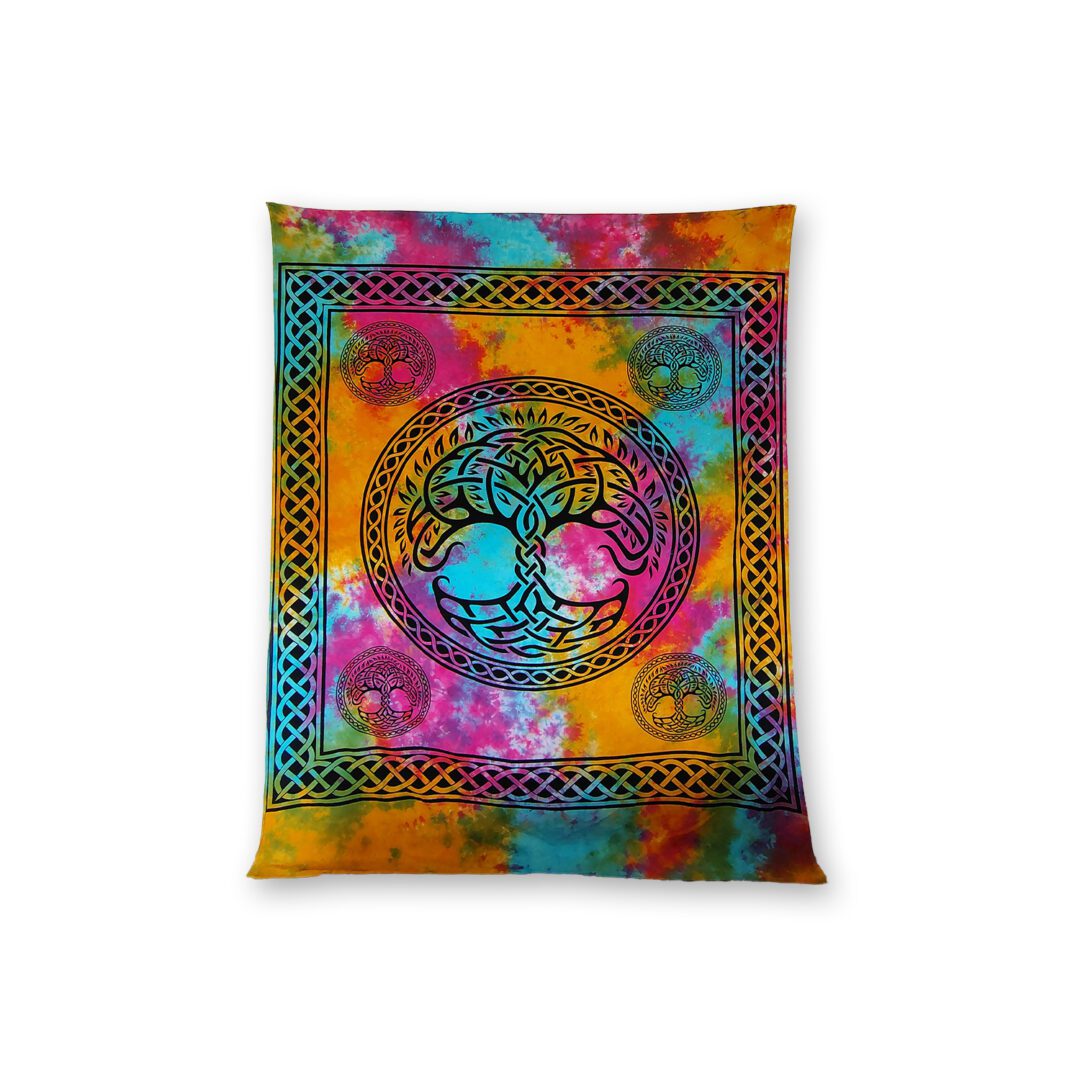 Tie-dye tapestry with Celtic tree of life design.