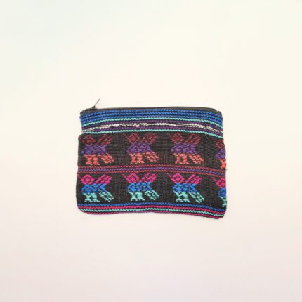 Black zippered pouch with colorful pattern.