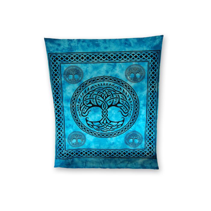 Blue tapestry with Celtic tree of life design.