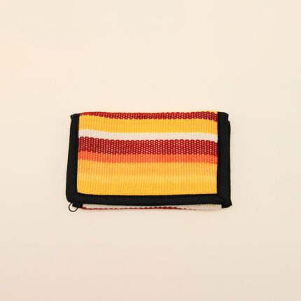 Striped yellow and red wallet with black trim.