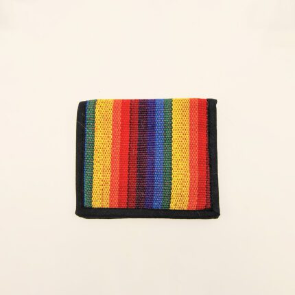 Rainbow striped fabric wallet with black trim.