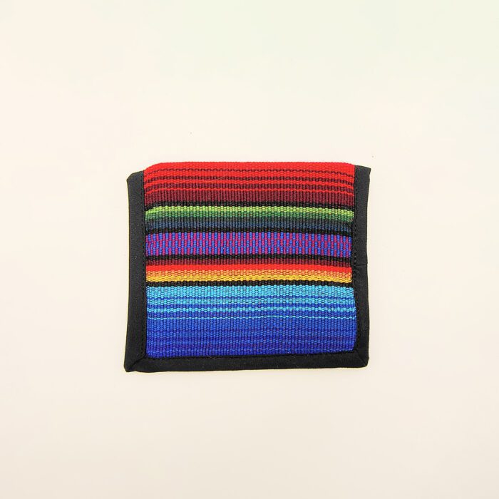 Striped fabric wallet with black trim.