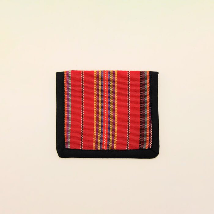 Red and black striped fabric wallet.