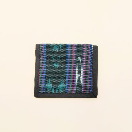 Black wallet with colorful plaid pattern.