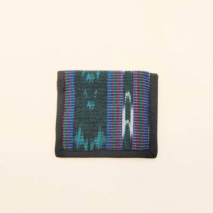 Black wallet with colorful plaid pattern.