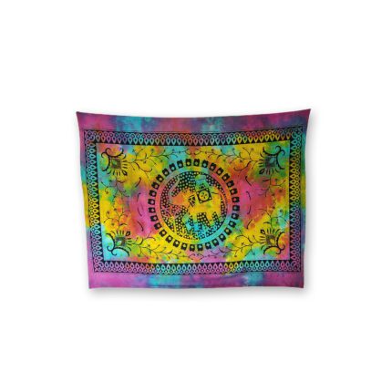 Tie dye tapestry with elephant mandala design.