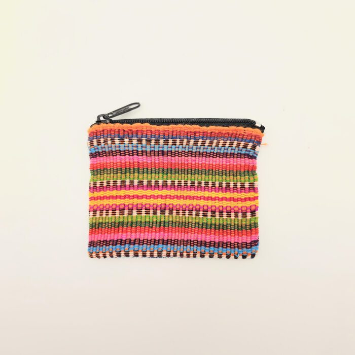 Colorful striped zippered pouch.