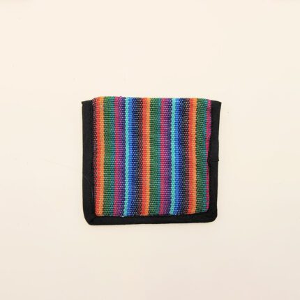 Multicolored striped wallet with black trim.