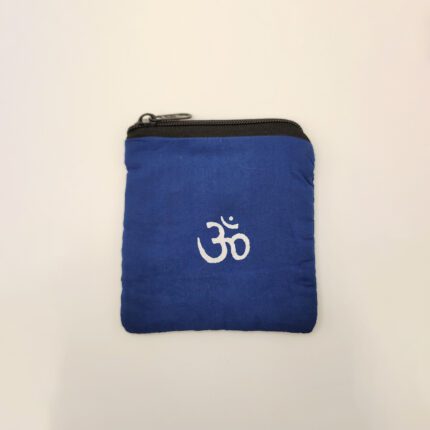 Blue zippered pouch with Om symbol.