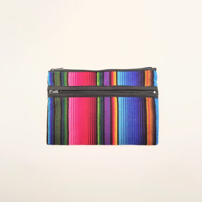 Colorful striped zippered pouch.