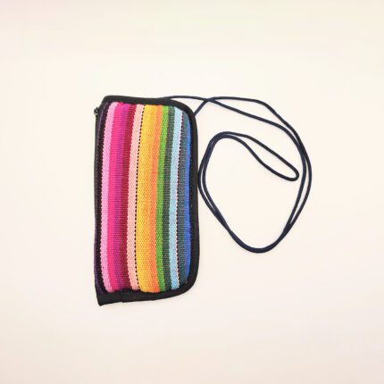 Striped rainbow pouch with cord.