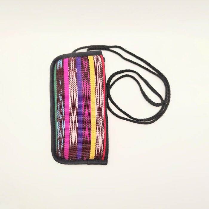 Striped fabric pouch with black cord.