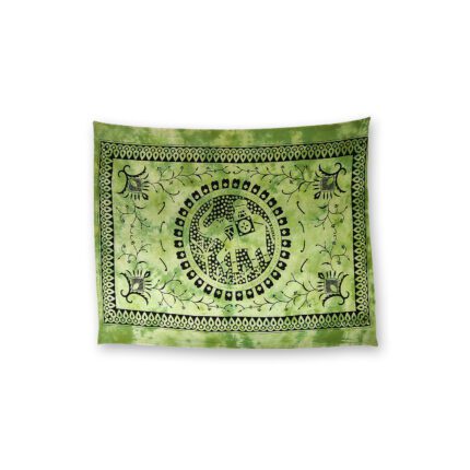 Green tapestry with black elephant design.