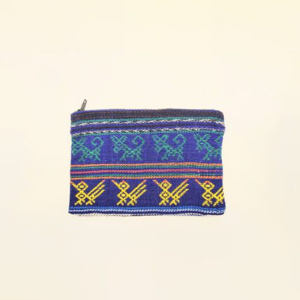 Blue and yellow patterned zippered pouch.