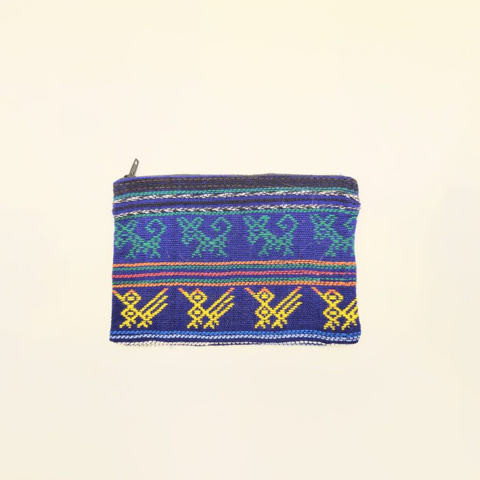 Blue and yellow patterned zippered pouch.