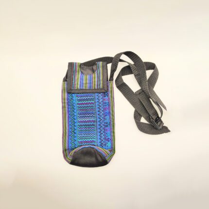 Blue and green patterned water bottle bag.