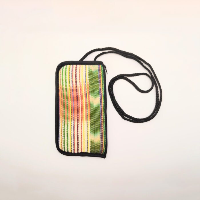 Striped fabric phone pouch with black strap.