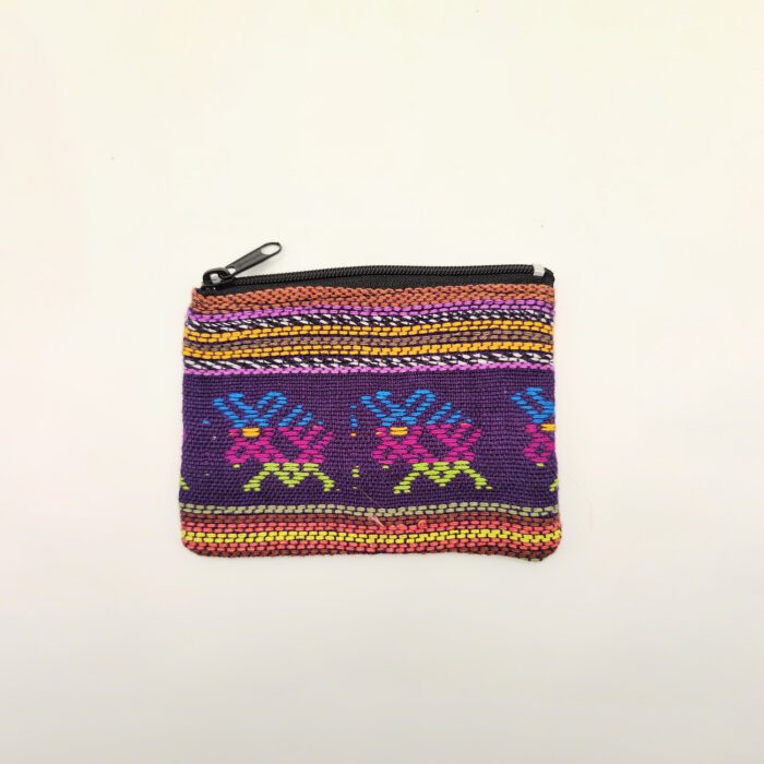 Purple woven coin purse with flowers.