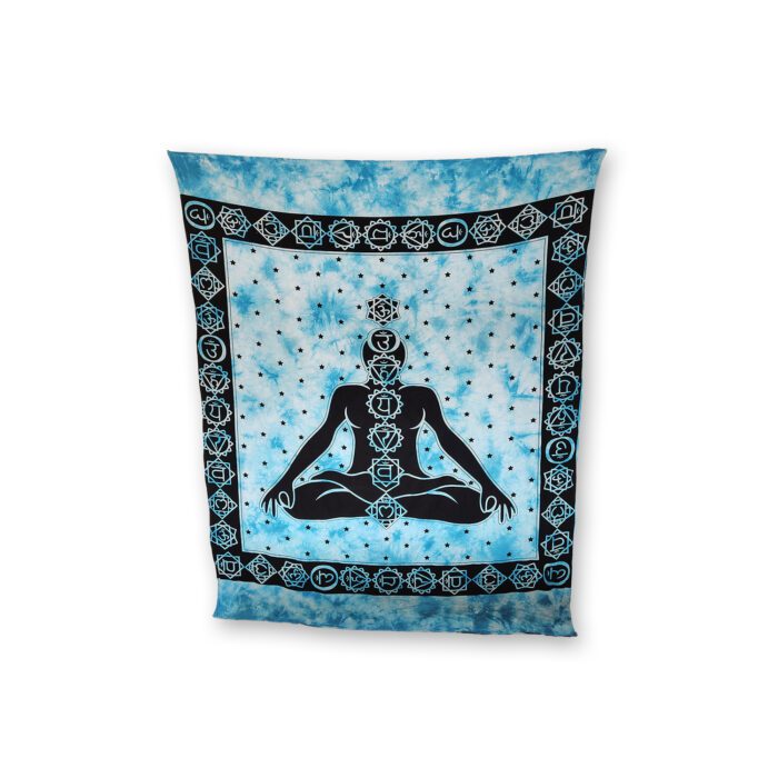 Blue tie-dye tapestry with meditating figure and chakras.