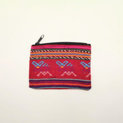 Red and blue patterned zipper pouch.