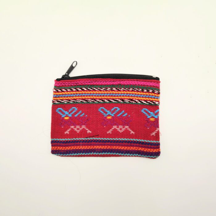 Red and blue patterned zipper pouch.