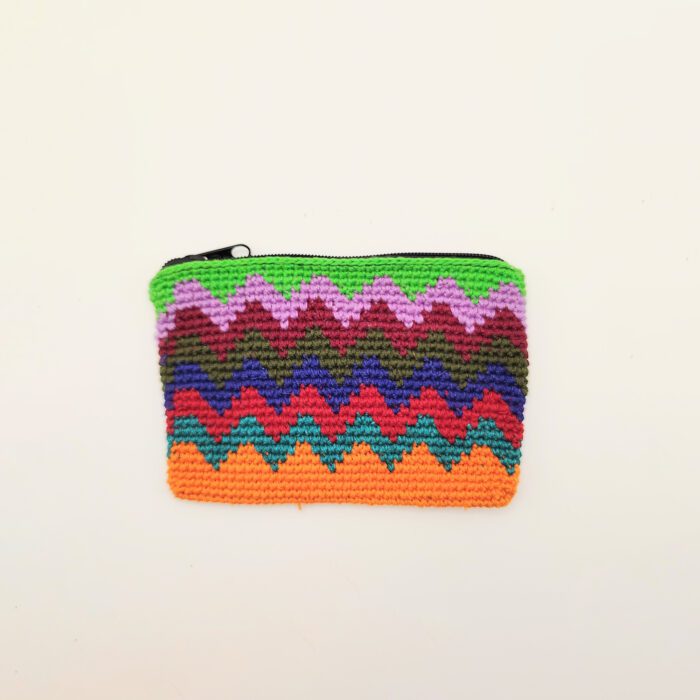 Multicolored crocheted zippered pouch.