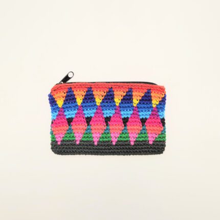 Colorful crocheted zipper pouch with diamonds.