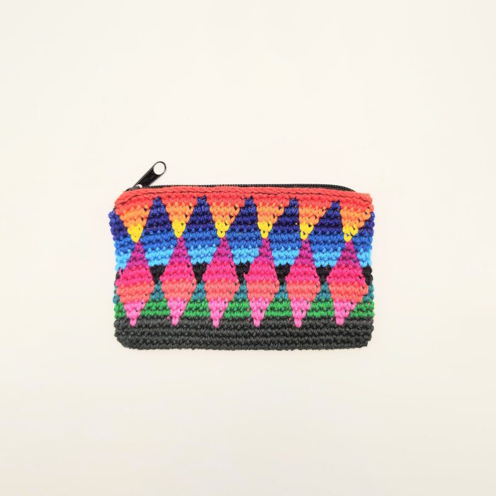 Colorful crocheted zipper pouch with diamonds.