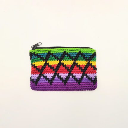 Crocheted rainbow zippered pouch.