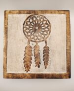 Wooden dreamcatcher wall art with feathers.