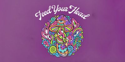 Psychedelic mushroom with "Feed Your Head" text.