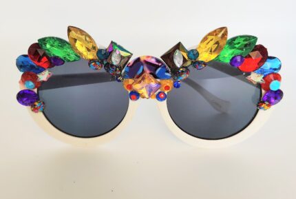 White sunglasses with colorful gems.