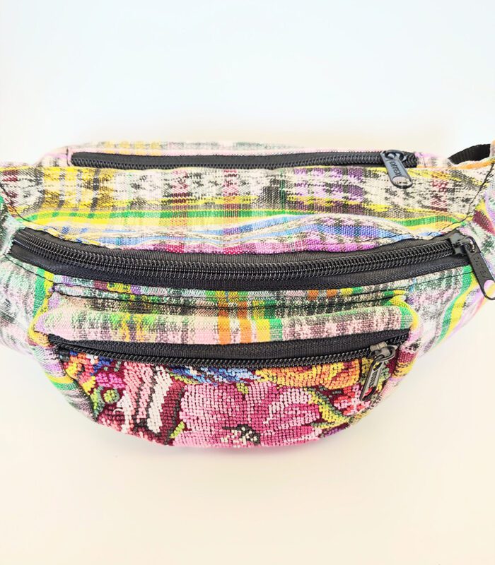 Colorful patterned fanny pack with zipper.