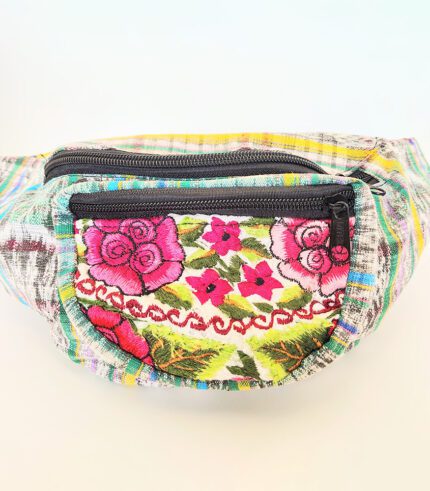 Floral embroidered fanny pack with zipper.