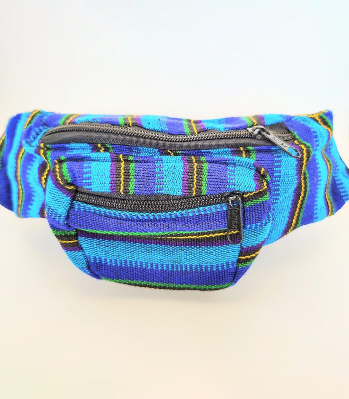 Blue and black striped fanny pack.